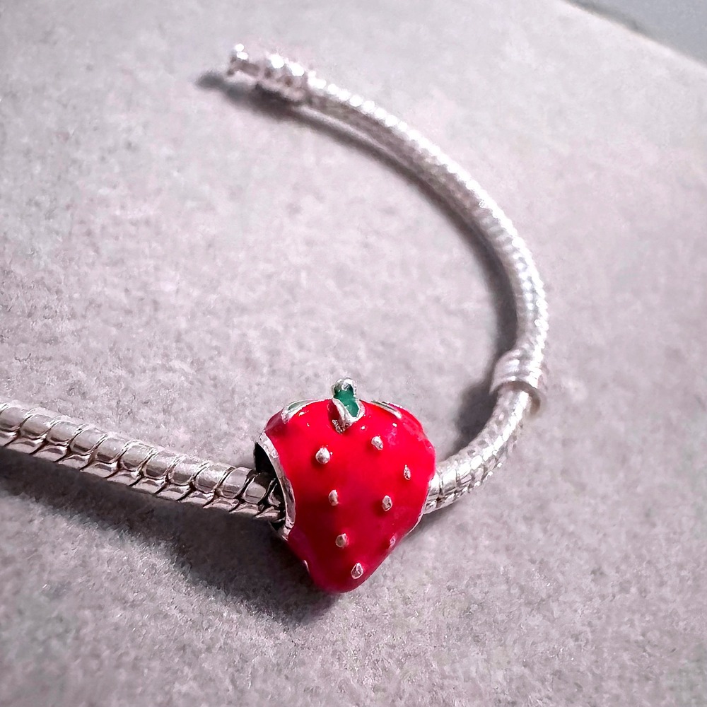 Red Strawberry Charm Bead Enamel Crystal Silver Tone For Pandora Bracelet Women - Picture 3 of 8